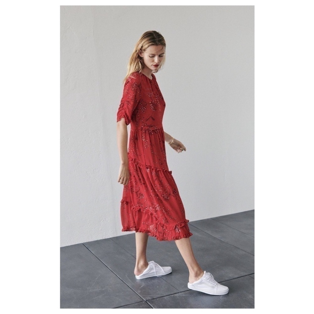 Madewell Windpoppy Ruffle midi dress in windswept floral red 00